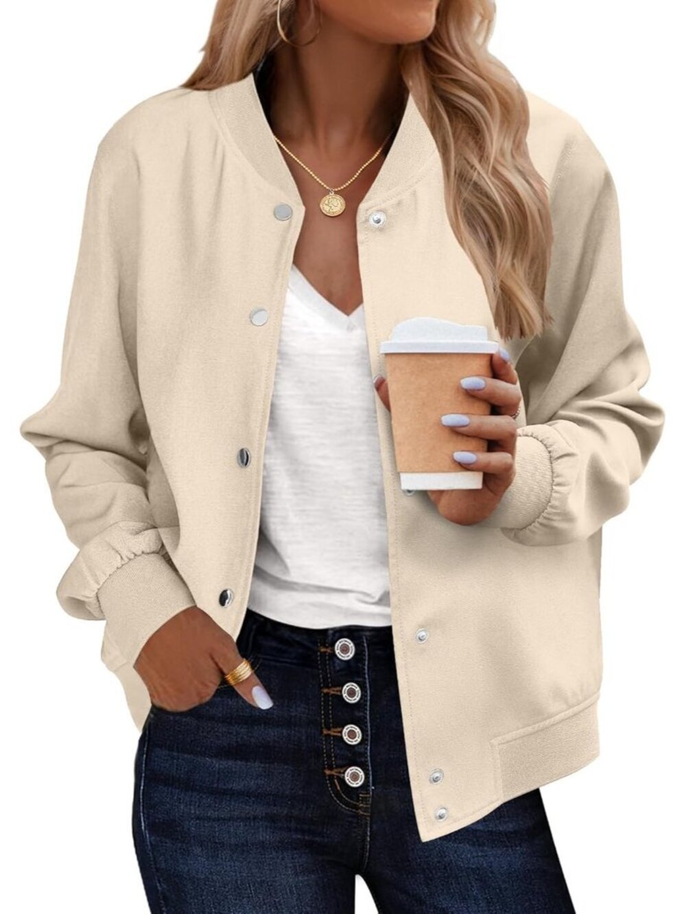 Women's Varsity Casual Button Down Spring Short Outfits with Pockets Champagne